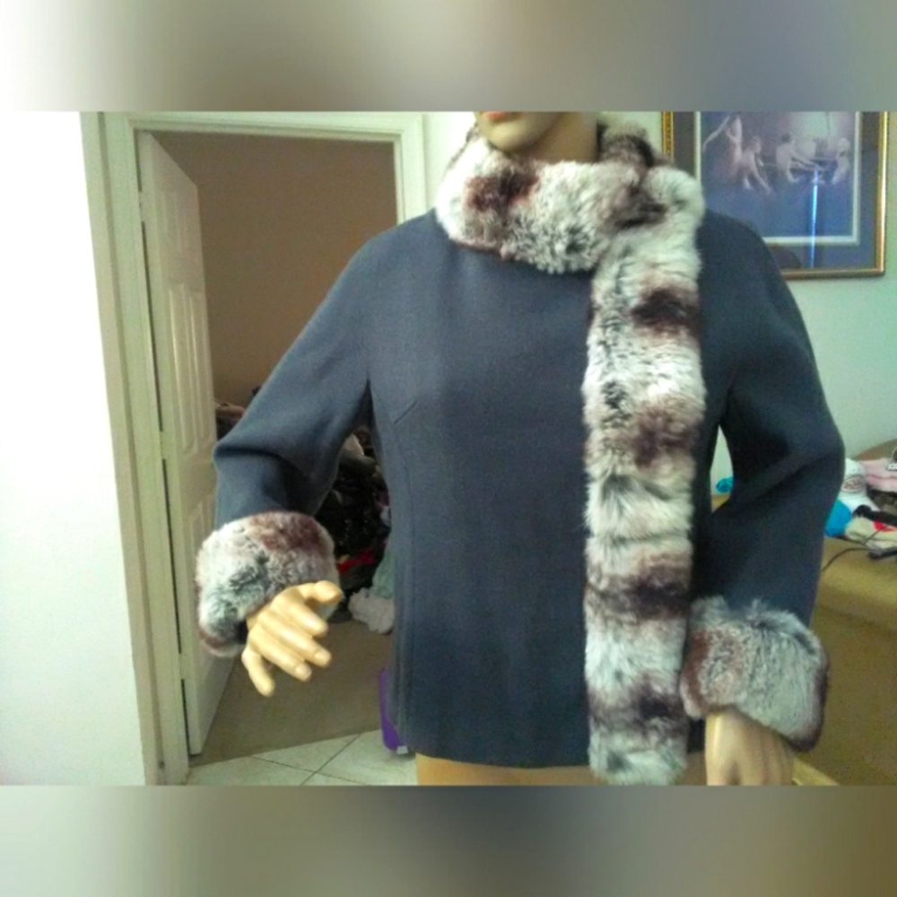 VINTAGE RABBIT FUR & WOOL BLEND COAT BY JACK FEIT NY GREY SENSATIONAL SZ. 10